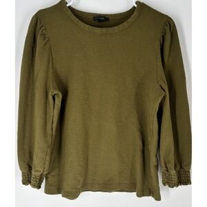 J.Crew Womens Sz M Puff Sleeve Textured Smocked Ruffle Top Olive Preppy Academia